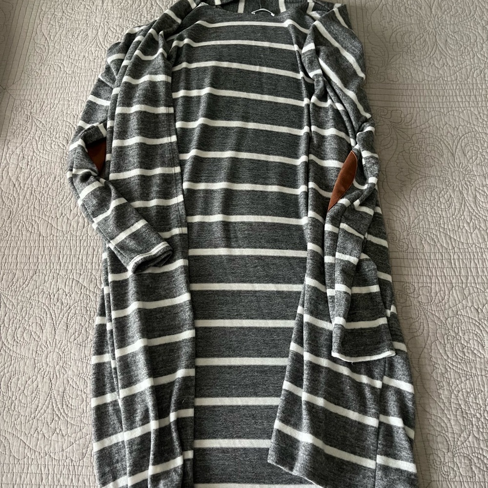Gray and White Striped Cardigan with Elbow Patches